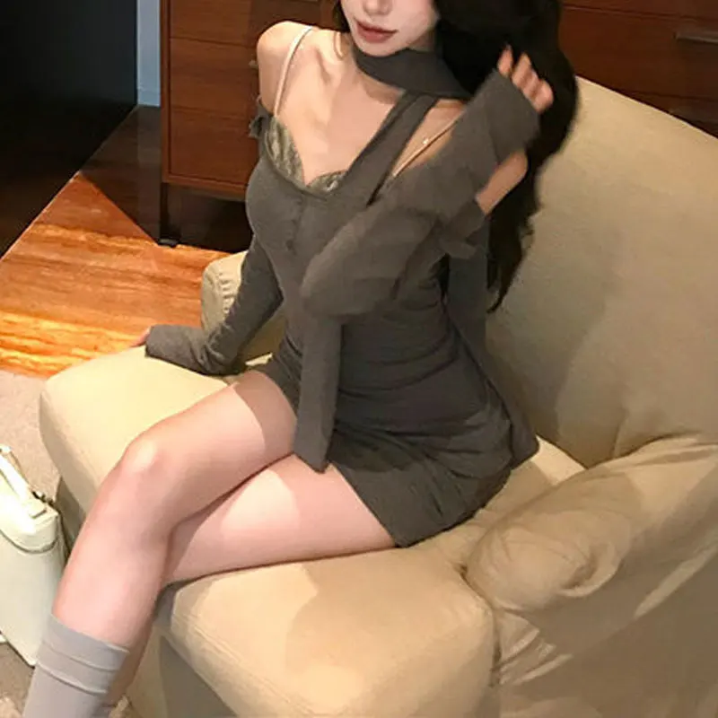 Fake Two Pieces Lace Spliced Dresses Women's Clothing Solid Color Autumn Elegant Square Collar Fashion Off Shoulder Mini Dress