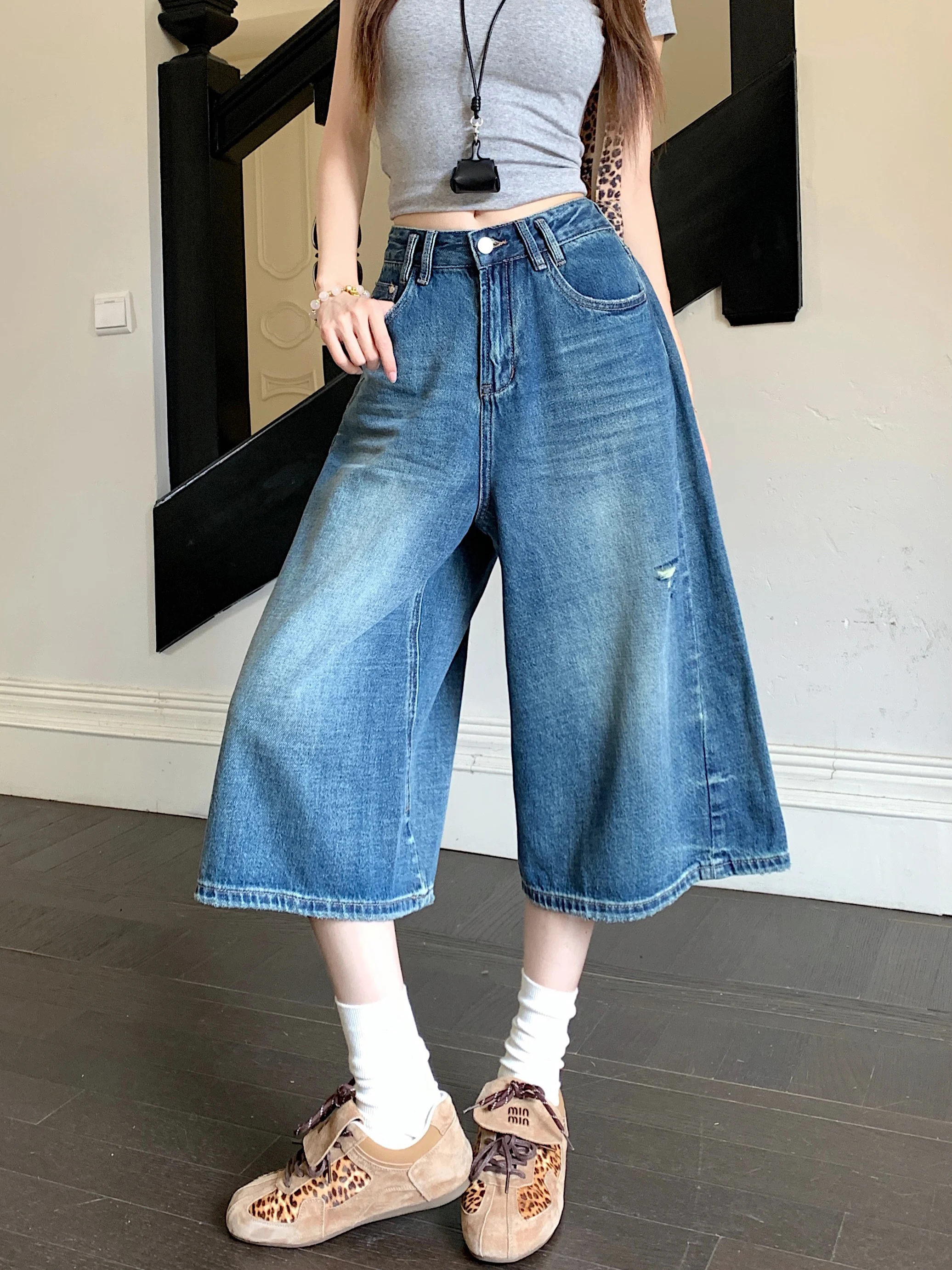 

Ретро-синие джинсы с высокой талией и широкими штанинами, женские повседневные брюки свободного кроя на весну, длина 7/8, женские джинсы