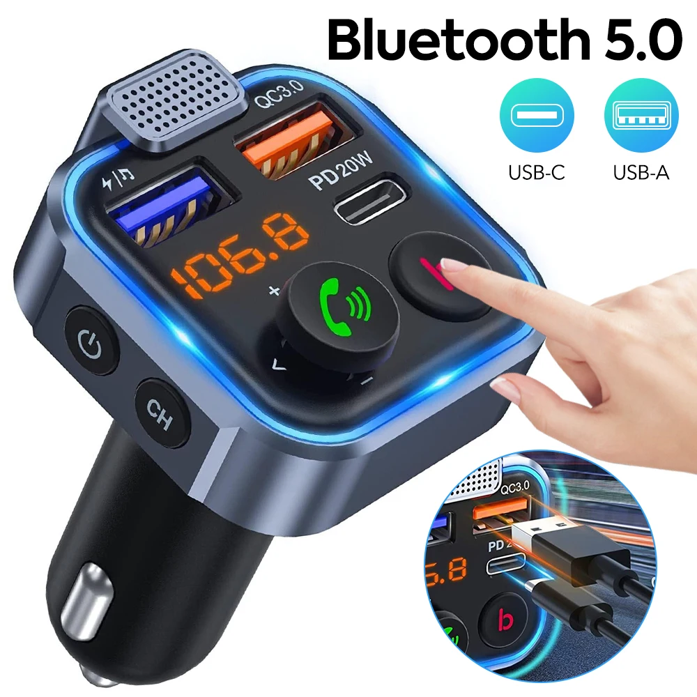 

Car Bluetooth5.0 FM Transmitter PD20W Type-C Dual QC 18W Fast Charger Colorful Light Handsfree MP3 Modulator Player Handsfree