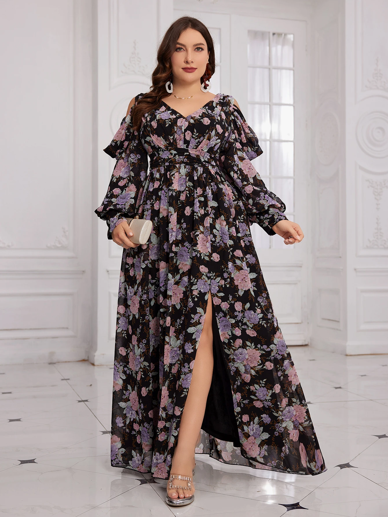 

Платье UNITHORSE больших размеров с цифровым принтом, высоким разрезом, из шифона, для торжественных случаев, с произвольным цветочным узором