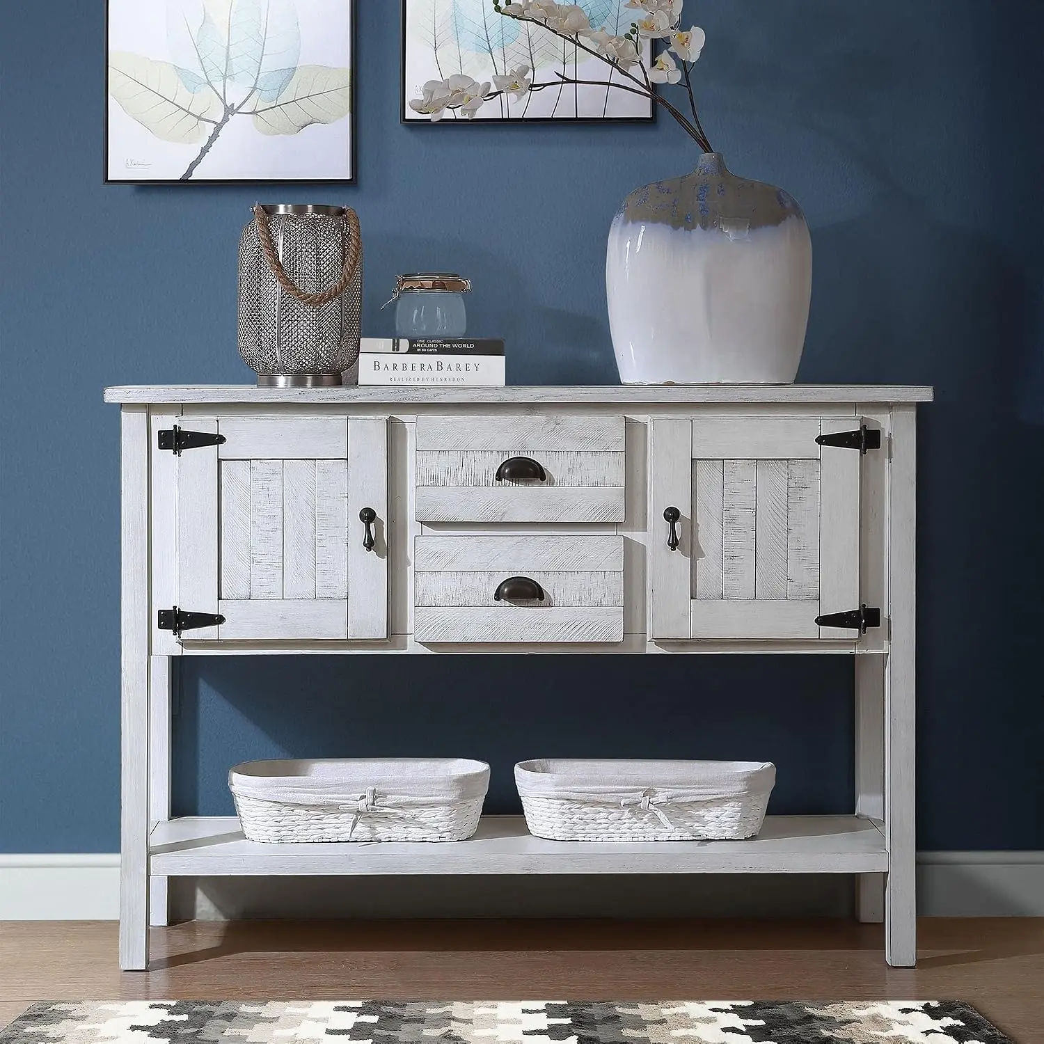 Farmhouse Sideboard Buffet Cabinet with Drawers & Doors Open Shelf for Living Room Kitchen Dining Room Antique White, Customized