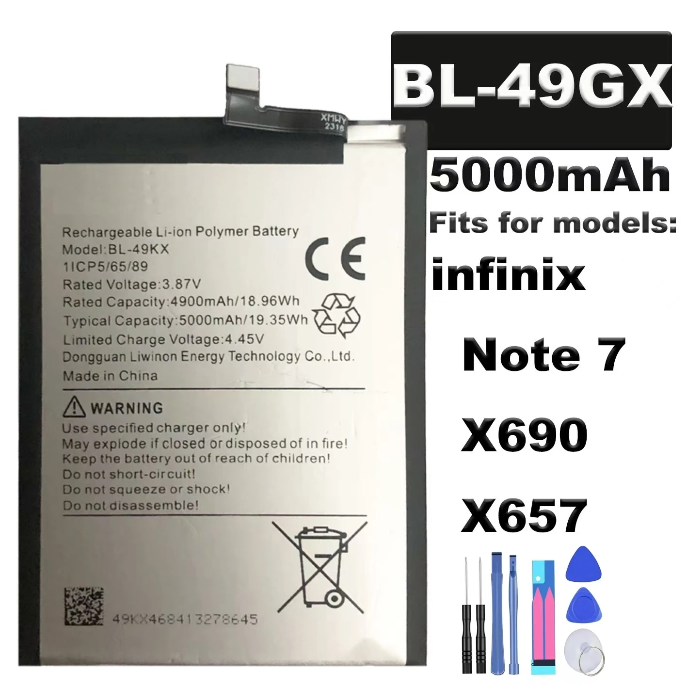 For TECNO inifinix Note 7,X690,X657 cell phone battery,BL-49KX,cell phone battery replacement,send tool