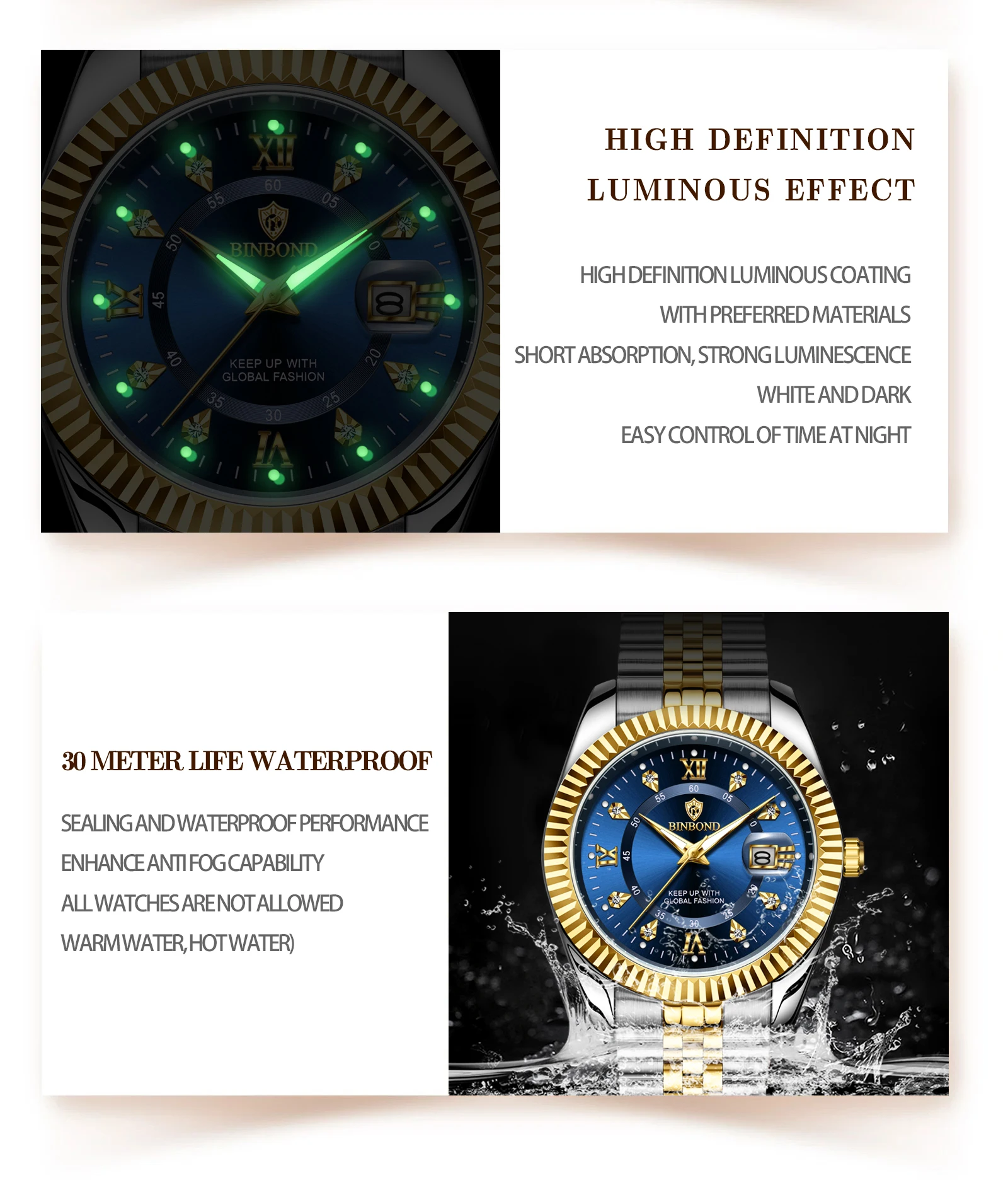 BINBOND Original Couple's Quartz Watches Luminous Waterproof Gift For Lover Men's Women's Watch Mujer Relojios +Gift Box