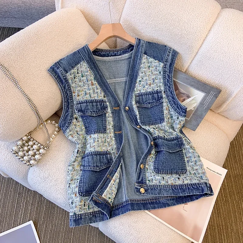 Xiaoxiangfeng Denim Vest Coat Women Spring Autumn Cowboy Sleeveless Jacket 2024 New This Year's Popular Waistcoat Female Tops