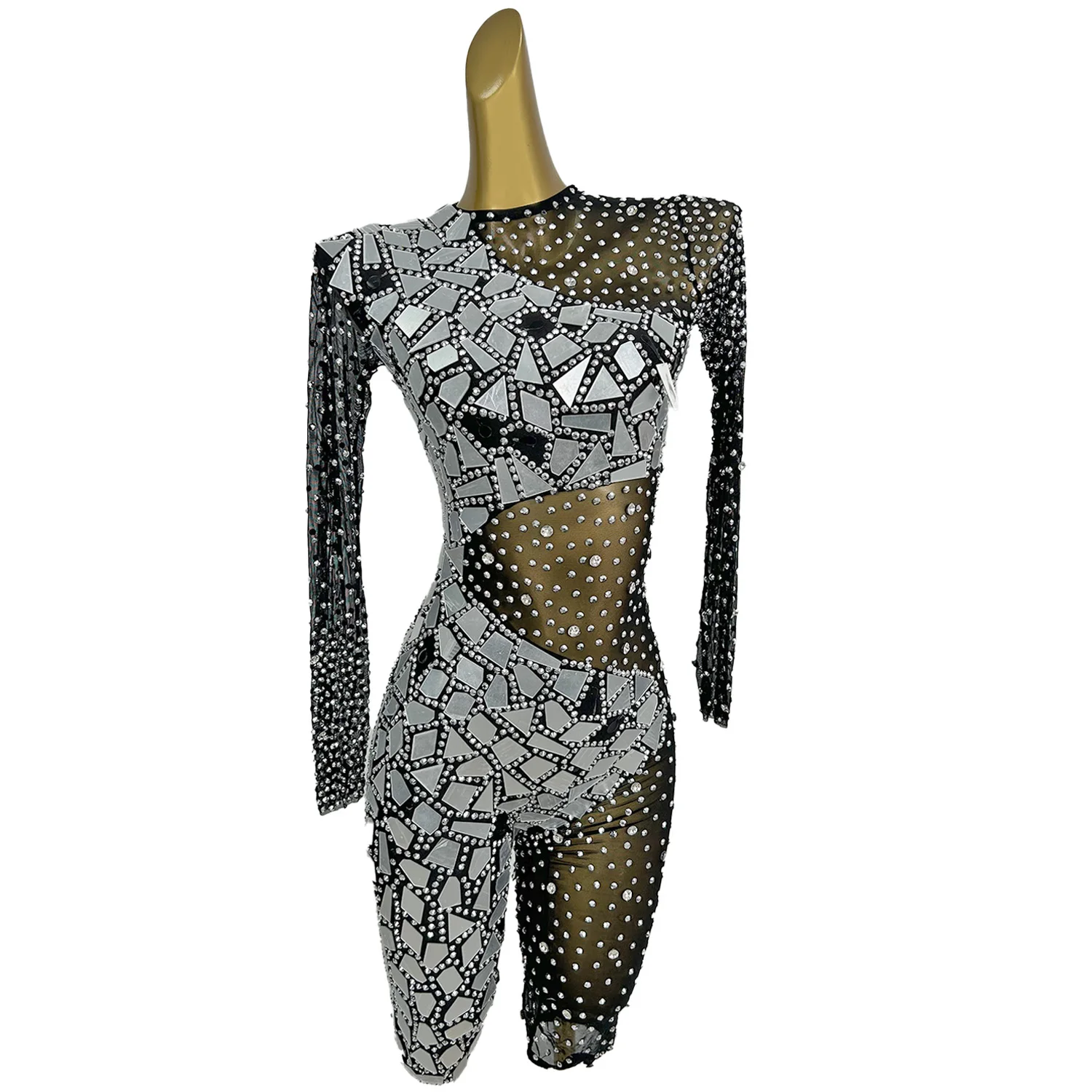 Sexy Women Black See Through Mesh Bodysuit Sparkly Rhinestone Mirrors Tight Fitting Catsuit Club Party Event Show Wear Shanfeng