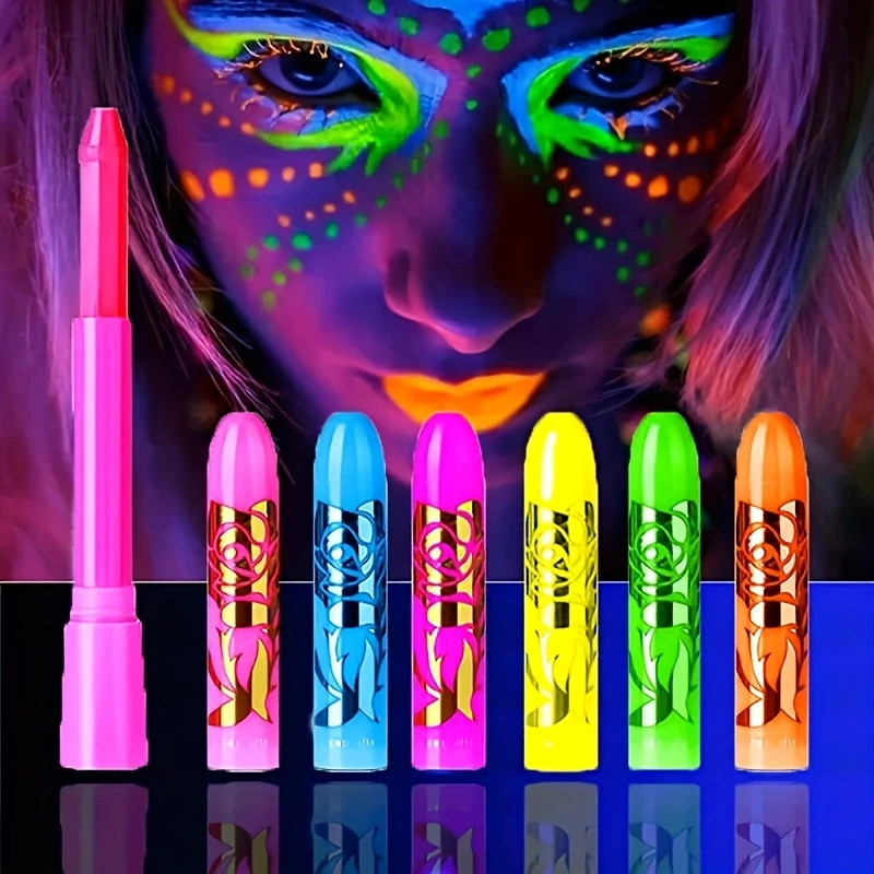 Kit di pastelli per pittura per il viso che si illuminano al buio, 6 pastelli per pittura per il viso fluorescenti non tossici, bastoncini luminosi vibranti Trucco per il viso al neon