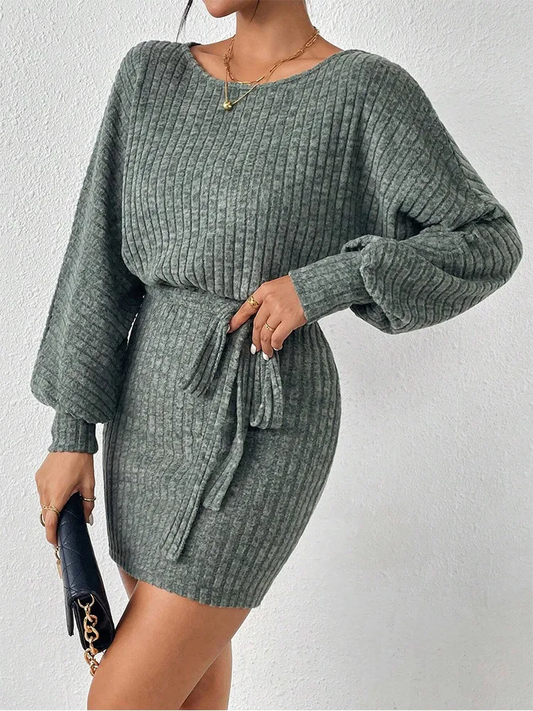 Vestido corto de manga larga para mujer, minivestido informal de punto con cuello redondo, textura a rayas, color verde, novedad de otoño e invierno