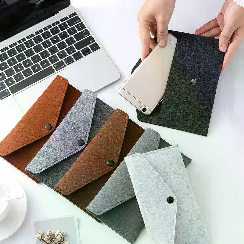 Felt Mobile Phone Pouch Envelope Style Snap Button Storage Bag Soft Anti Scratch Sleeve Unisex Retro Long Simple Wallet