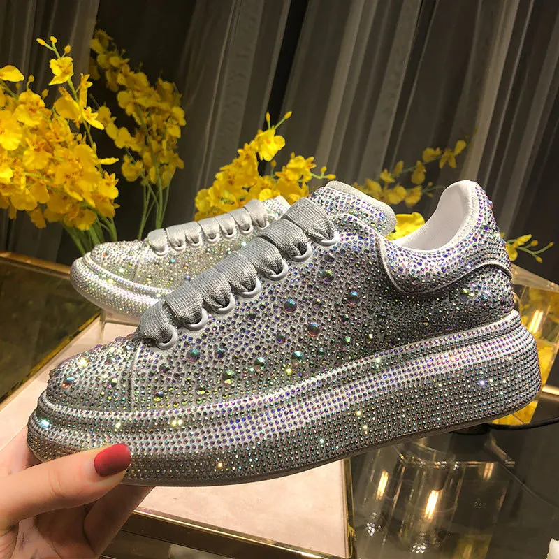 Luxury Gypsy Rhinestone Casual Lace-Up Board Shoes Leather Brand Custom Thick-Soled Inner Height-Increasing Women's Sneakers