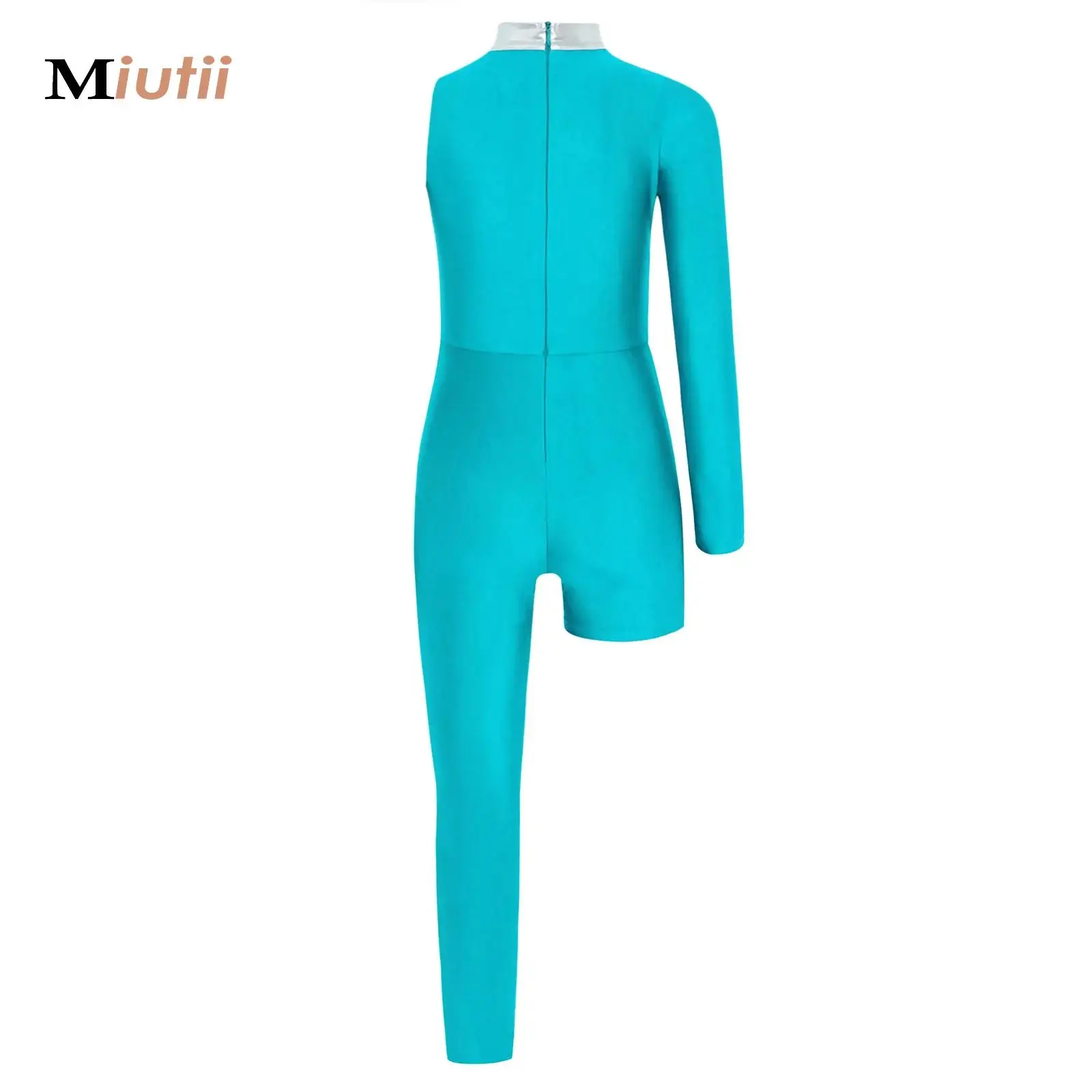 

Kids Girls Asymmetrical Gymnastics Ballet Jersey Dance Leotard Costume Shiny Sequins Color Block Full Length Bodysuit Unitard