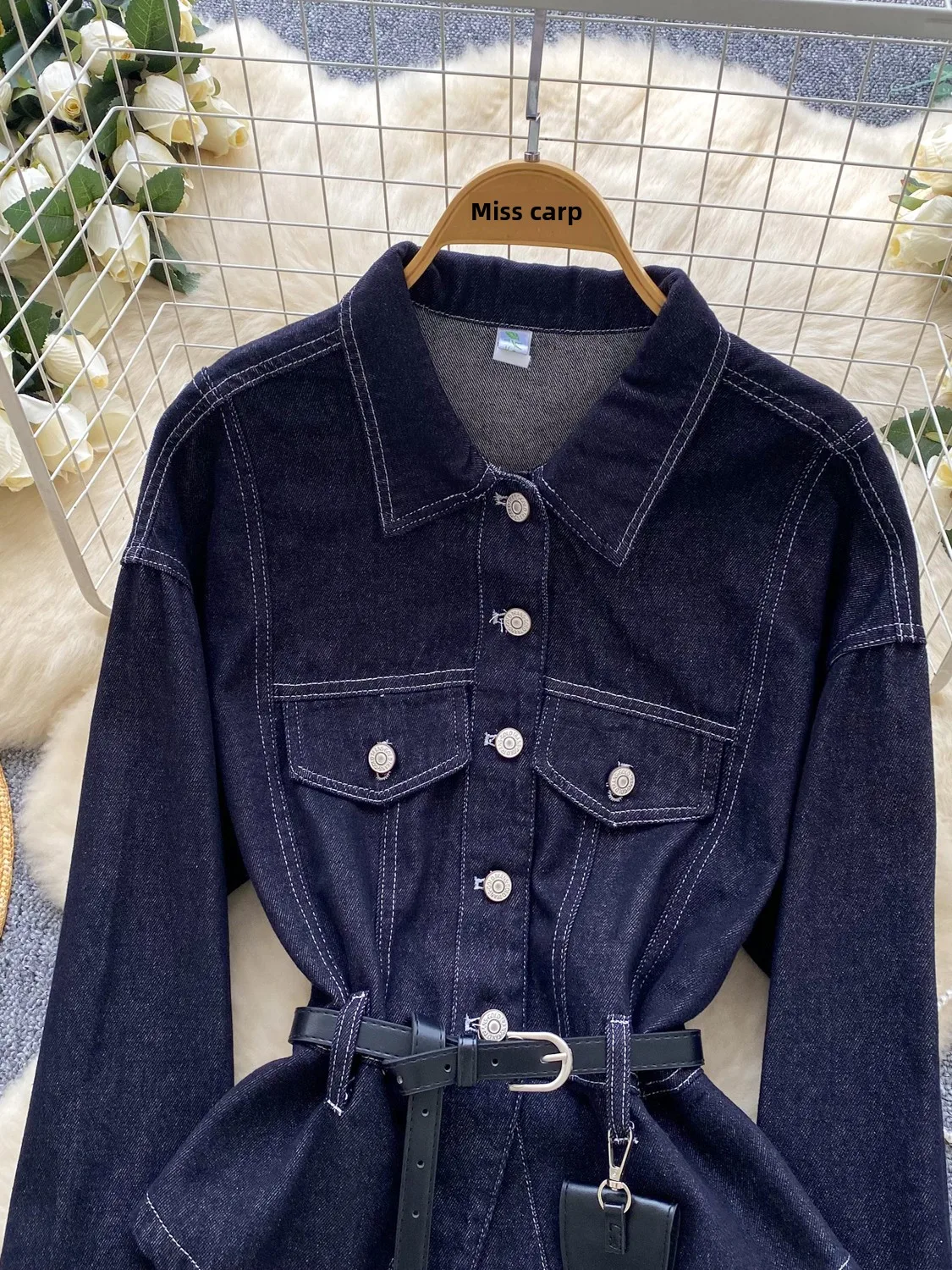 Csa de Mezclilla de Manga Larga con Cinturón y Cuello, Diseño E y Juvenil, Estilo Coreano, Hoada, para Mujer, Oto...