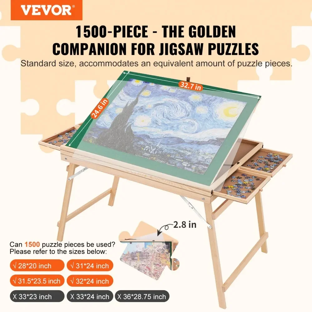 VEVOR 1500  Piece Rotating Puzzle Board Wooden Jigsaw Puzzle Table with 6 Drawers and Cover for Adults and Kids