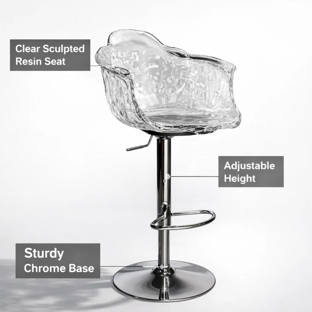Transparent polycarbonate flower-shaped high chair, adjustable resin bar stool, resin material in swimming pool bar stool