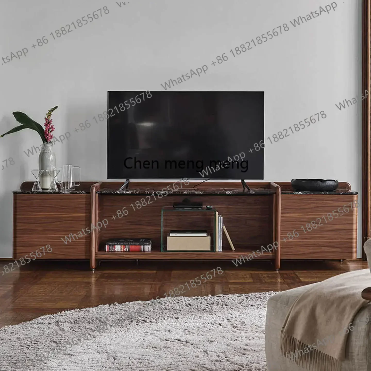 A49Modern simple marble countertop TV cabinet, living room thickened walnut leather veneer storage, floor-to-ceiling side cabin