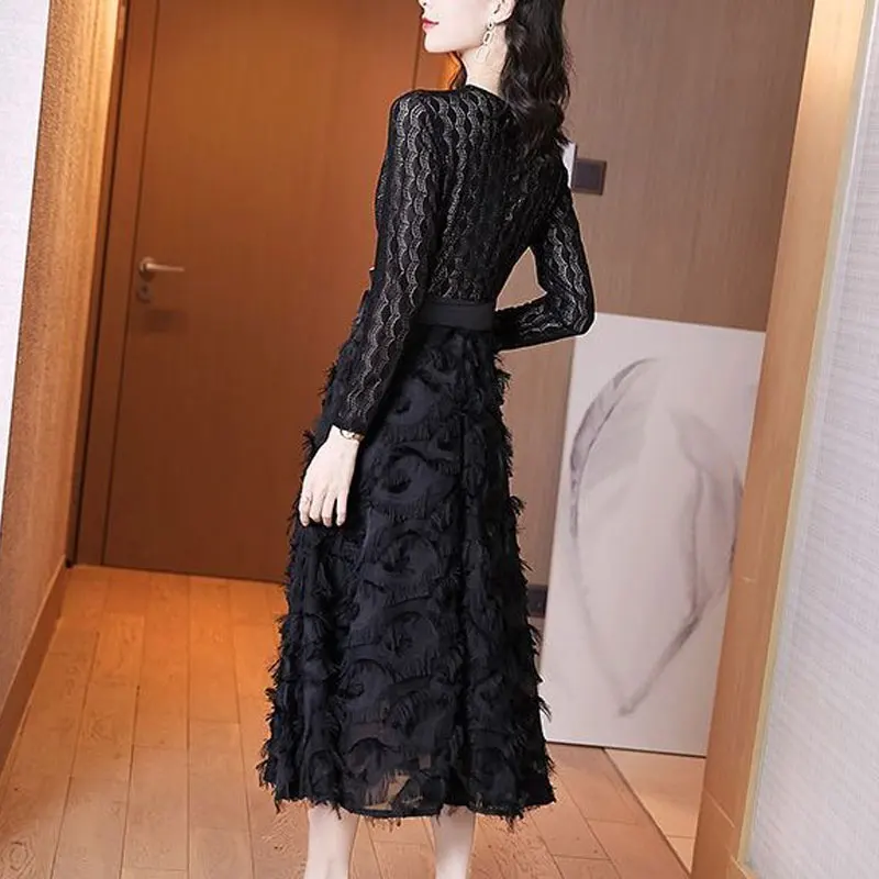 Sexy V-Neck Lace Elegant Midi Dress Female Clothing A-Line Waist Stylish Flocking Spring Autumn Patchwork Drawstring Bow Dresses