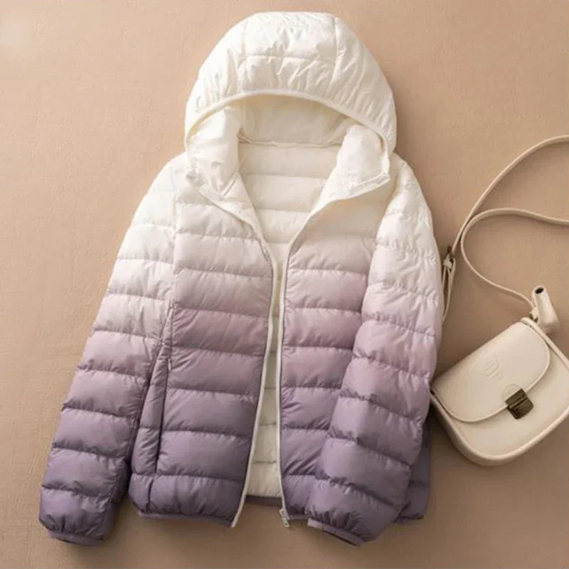 Winter Women 90% White Duck Down Coat Ultra Light Oversize Puffer Jacket Female Short Hooded Gradient Color Parkas 2024