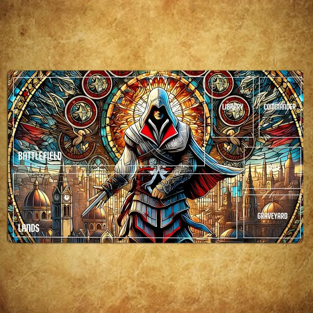 Stained Glass Hooded Assassin TCG Playmat 35X60CM Magic Card Battle Mat Non‑Slip Durable Stitched Edge Tabletop Playmat