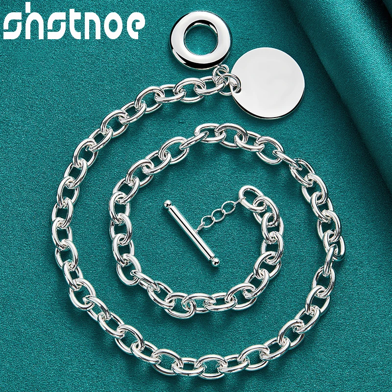 SHSTONE 2pcs 925 Sterling Silver Round Label Chain Necklace Bracelets High Quality Jewelry Sets For Woman Christmas Valentine's