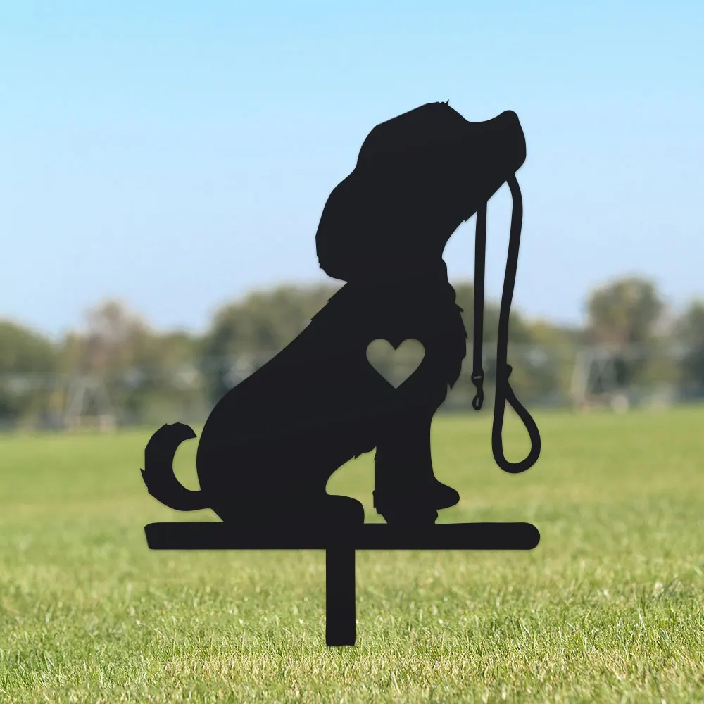 Metallic Dog Biting Rope Laser Engraved Home Decorative Animal Silhouette Art Ornament Iron Handicraft Lawn Decoration