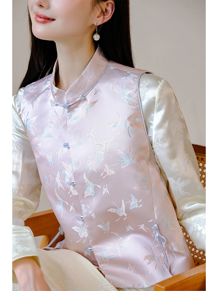 

Ele Traditional Chinese Sle Vest with Embroidery Soft Light Pink Stand Collar ort Size Satin Fabric