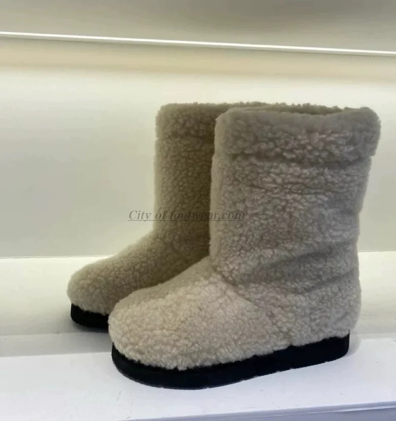 

Women's white/black lamb's hair warm snow boots round toe flats thick sole winter new in luxury designer mid calf boots