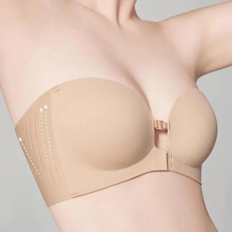 Soutiens-gorge sans bretelles à fermeture avant pour femmes, brassière push-up sans couture, sous-vêtements épais et doux, couleur unie, lingerie invisible réglable