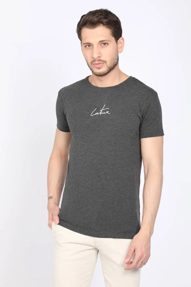 Male Dark Gray Back Printed Bicycle Neck T-shirt