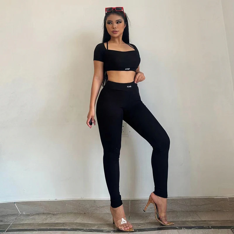 BIIKPIIK Sporty Fitness Fashion Two Piece Sets Solid Crop Top + Elastic High Waist Pants Suits Casual 2023 Summer Basic Clothes