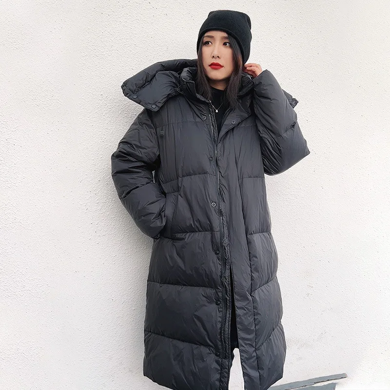 Long length large size down jacket women\'s new winter fashion version of loose and thick warm hooded white duck down coat