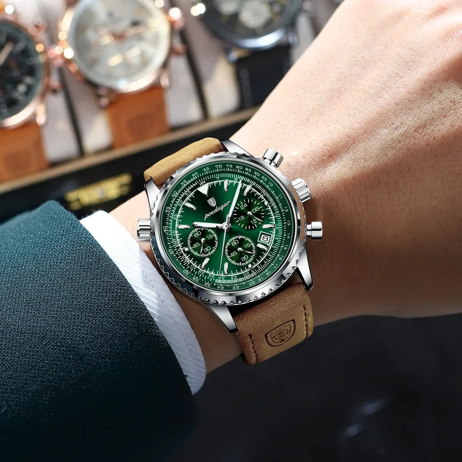 POEDAGAR الأعمال الفاخرة ساعة رجالي مقاوم للماء مضيئة تاريخ كرونوغراف جلد رجل ساعة موضة ساعات كوارتز للرجال Reloj