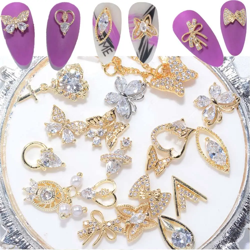 Gold Charms Metall Zirkon Maniküre Werkzeuge Kristall Nail Art Dekorationen Schmetterling Nagel Strass Nail Art Schmuck Anhänger Kette