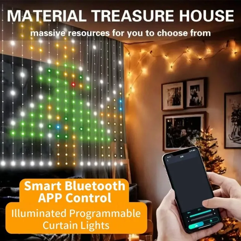 AB41-Bluetooth-Control 2 Meter USB Smart LED Curtain String Lights-400 RGB Bulbs, Multi-Color Effects For Home Decor