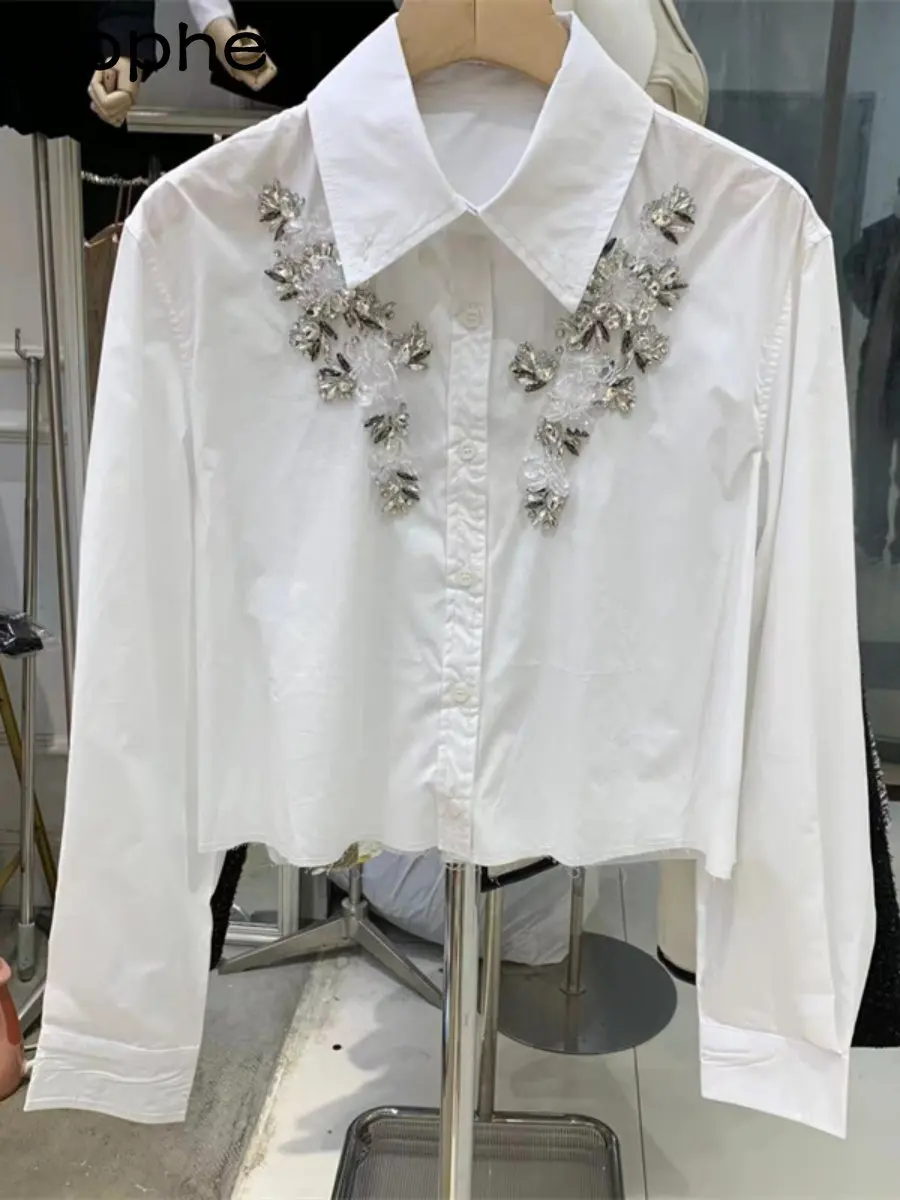 

Exquisite Rhinestone Shirt Women's Blouse Retro Socialite Elegant Lapel Long Sleeve White Blusas Top 2023 Spring New Camisas