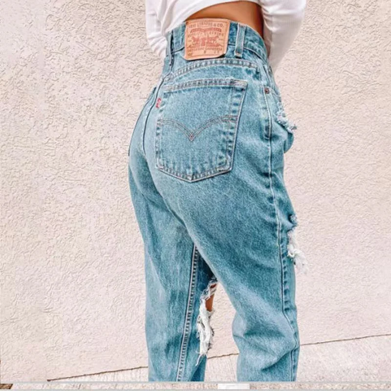 Fashion Blue Hole Straight Wide Leg Trousers Y2k Hollow Cargo Pants Women Mom Jeans Ripped Jeans Women Baggy High Waisted Pants