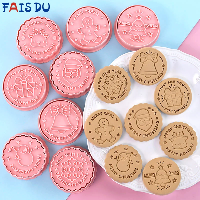 FAIS DU 8Pcs/Set Christmas Biscuit Mold Cookie Cutters ABS Pastry Stamper Pressure Fondant Baking Mould Cake Decorating Tools