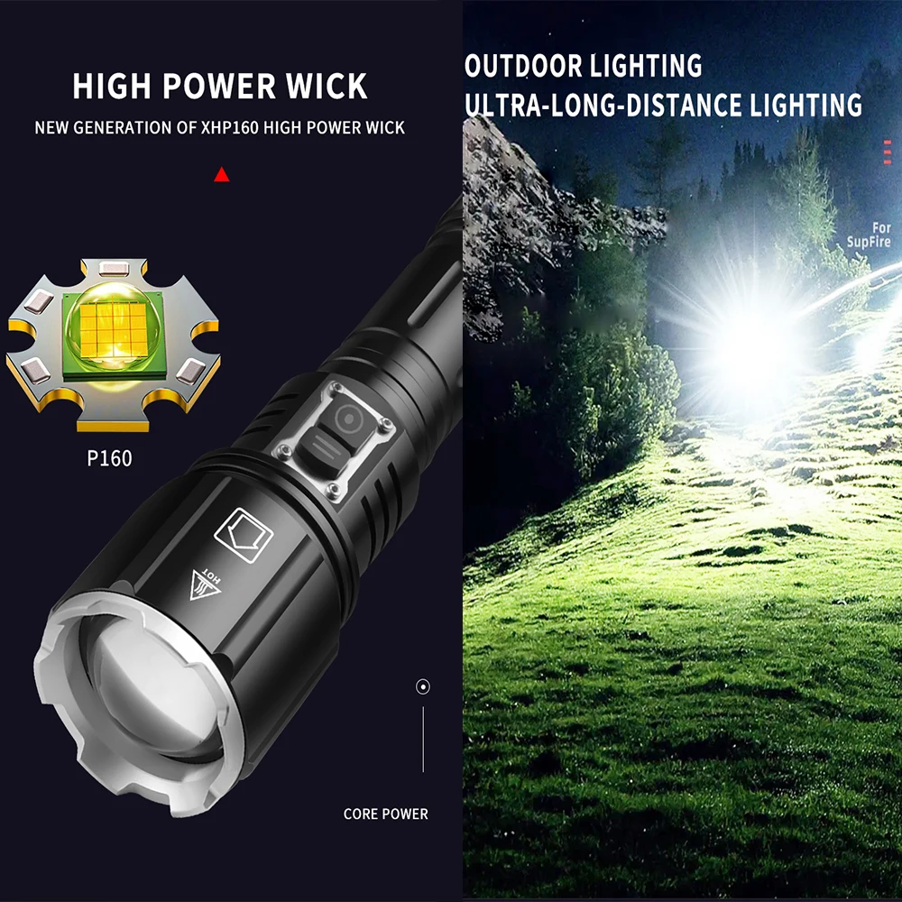 KENSUN High Power XHP160 LED Flashlight TYPE-C USB Rechargeable Zoom Torch Strong Light Lamp Lantern For Outdoor Camping Hiking