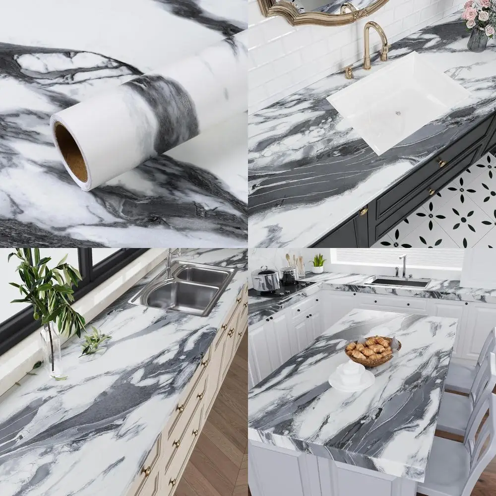 VEELIKE ورق اتصال رخامي سائل أبيض وأسود مقاس 354 بوصة × 32 بوصة ورق حائط رخامي عريض قابل للتقشير واللصق لـ K