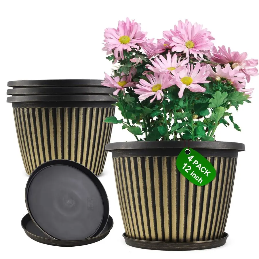 

Plant Pots, 12 inch 4 Pack Plastic Flower Pots with Saucer And Drainage Holes, Modern Garden Planters For Planting Medium Large
