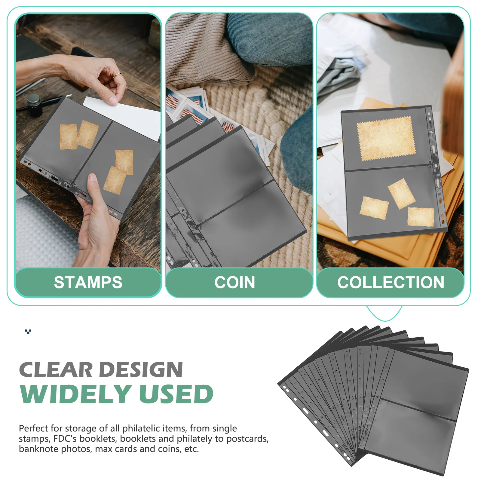 Stamp Binder Page Collection Stickers Coin Collector Supplies Inserts Money Clip Black Pvc Postage Stamps