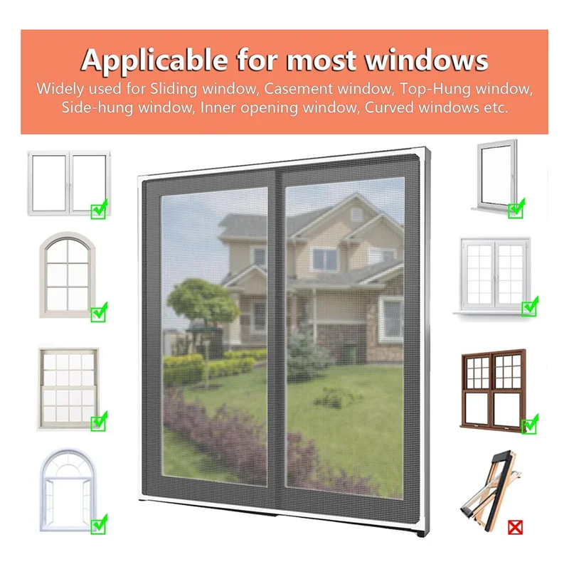 ABRO-Magnetic Window Screen Adjustable DIY Window Net Screens Mesh Max 39 X 59Inch Fiberglass Grey Mesh For House Windows