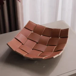 Valet Tray PU Leather Key Bowl Reversible Phone Wallet Coin Desktop Storage Tray Organizer Square Weave Nightstand