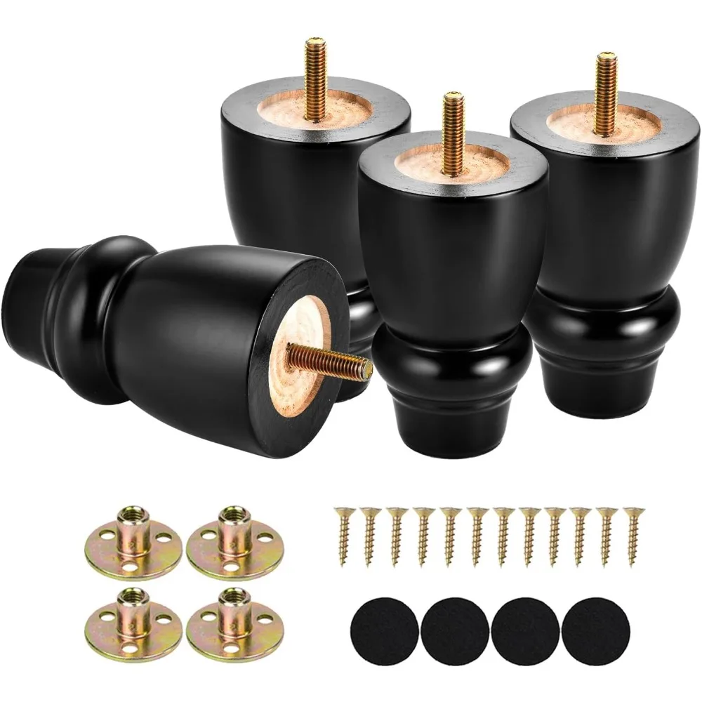 

4 inch Wood Furniture Legs Bun Feet Set of 4 Predrilled M8 Bolt Black Wooden Replacement Legs for Chair Dresser