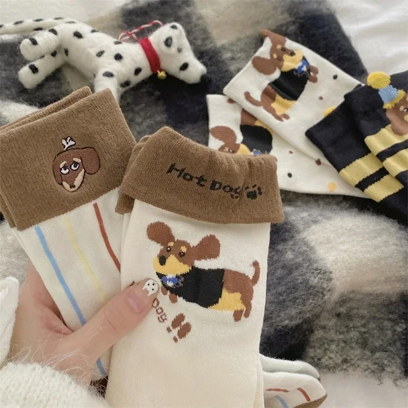 

Korean Style Autumn/Winter Embroidered Dog Cartoon Mid-Calf Socks Flipped Edge Cute Niche Women's Stockings Vertical Barrel