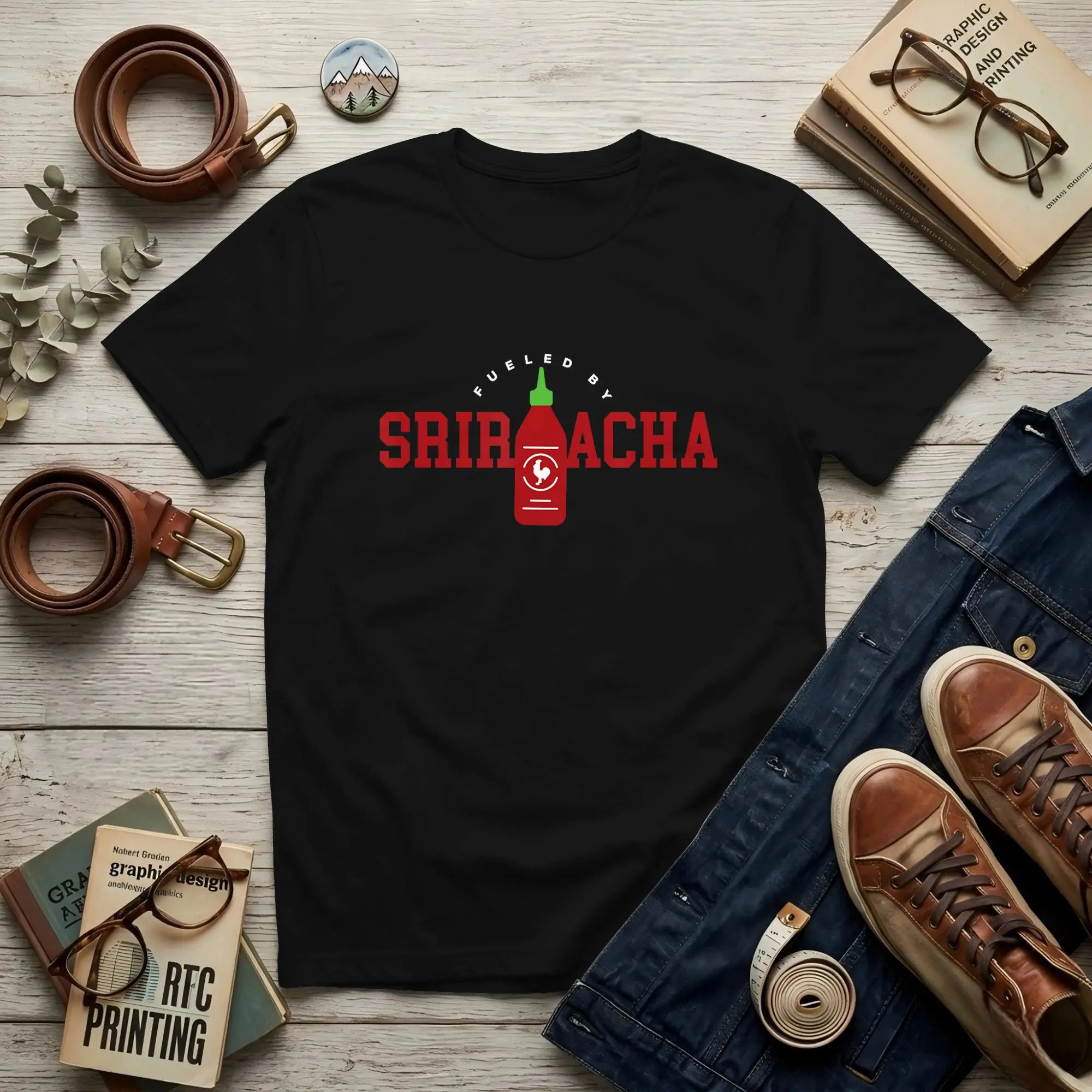 Fueled By Sriracha Hot Men T Shirt  Vintage Tees Short Sleeve Round Neck Cotton Party Clothing T-Shirt