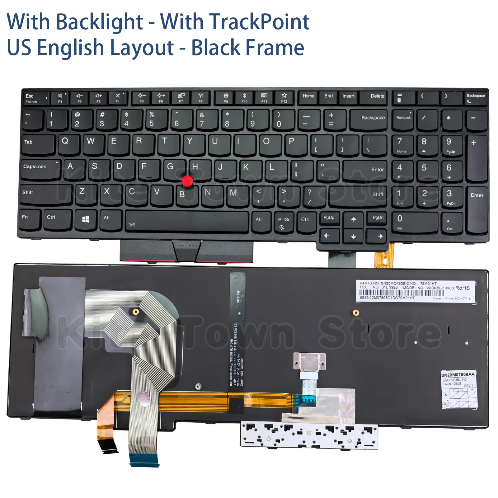 New US Layout Laptop Keyboard Backlit w/ Pointer for Lenovo Thinkpad T570 T580 P51s P52s (Does not fit for P50s P51 P52 T590)