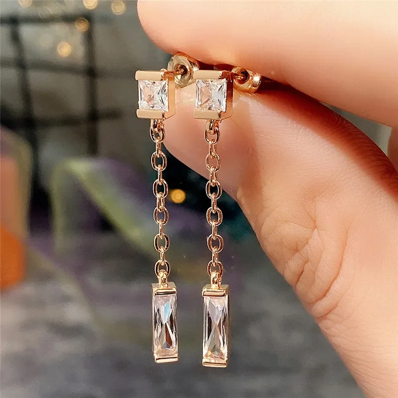 New Simple Style Girls Chain Earrings with Geometric Cubic Zirconia Daily Wear Versatile Women   Fashion Jewelry