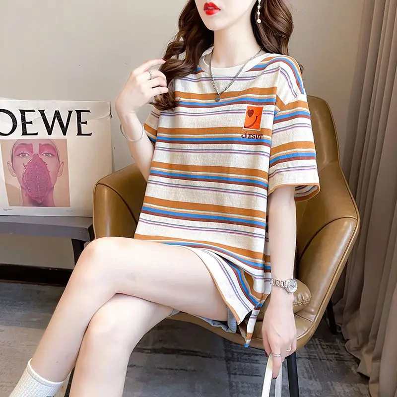 Women's Clothing Korean Striped Contrast Color Casual T-shirt Summer New Fashion Round Neck Short Sleeve Loose Tops for Female