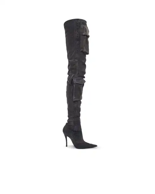 2025 Black 44 Denim Boots for Women Pointed Toe High Heel Over Knee High Boots 3D Pockets Autumn Long Boots Thin High Heel