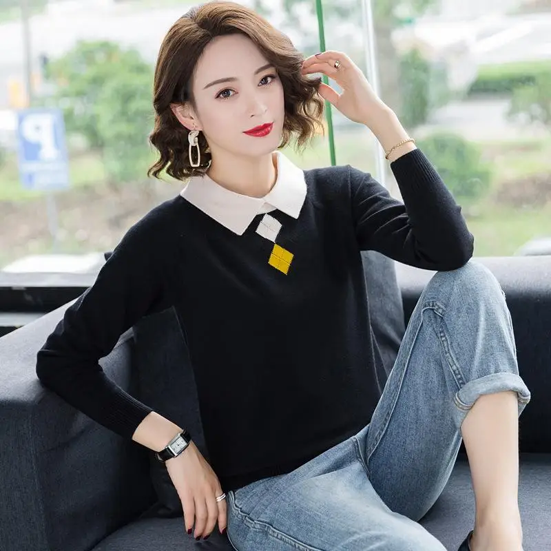 Fashion Peter Pan Collar Spliced Loose All-match Sweater Women's Clothing 2023 Autumn Winter New Casual Pullovers Korean Tops