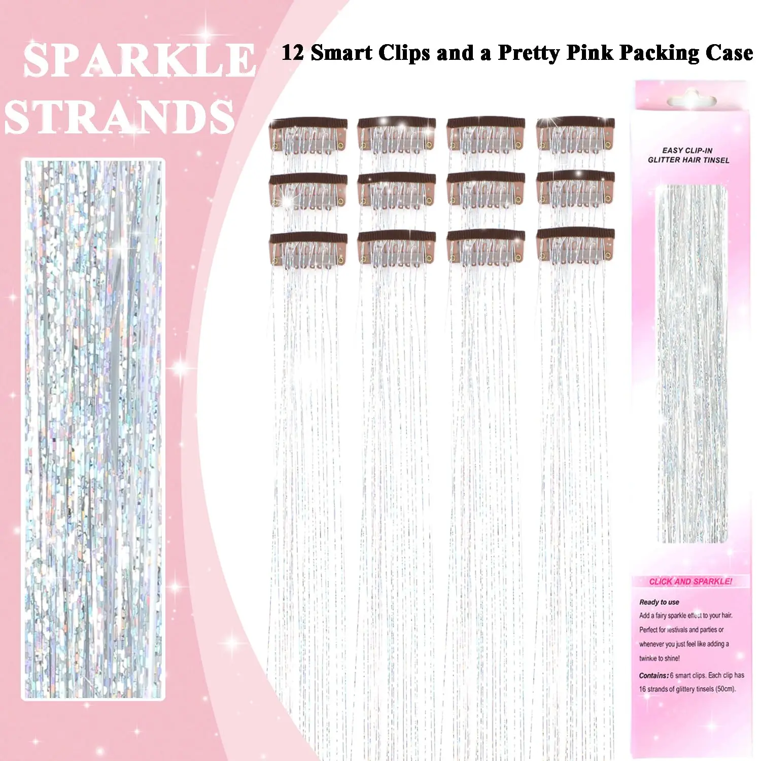 Clip in Hair Tinsel 12Pcs Heat Resistant Sparkly Glitter Fairy Hair Accessories for Girls Women Party Festival Decoration